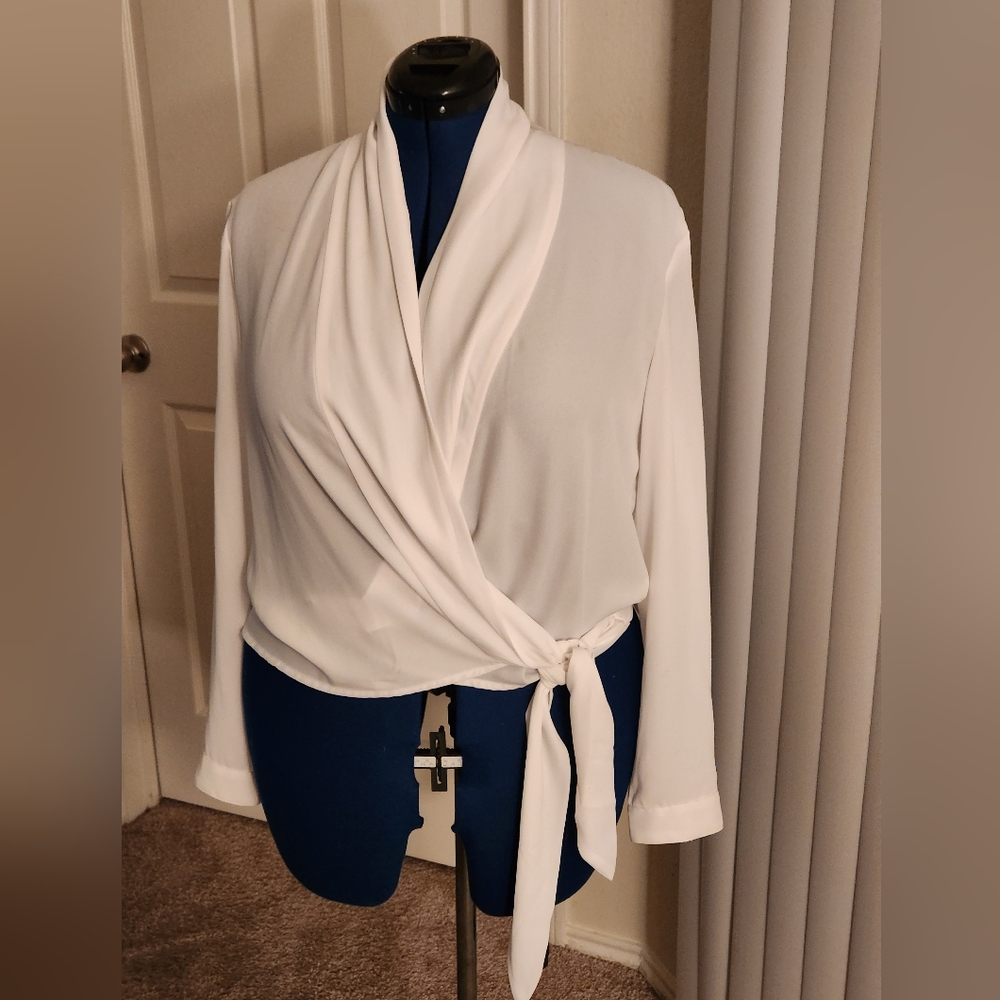 Soho Jeans, white wrap blouse with long sleeves.  Size L